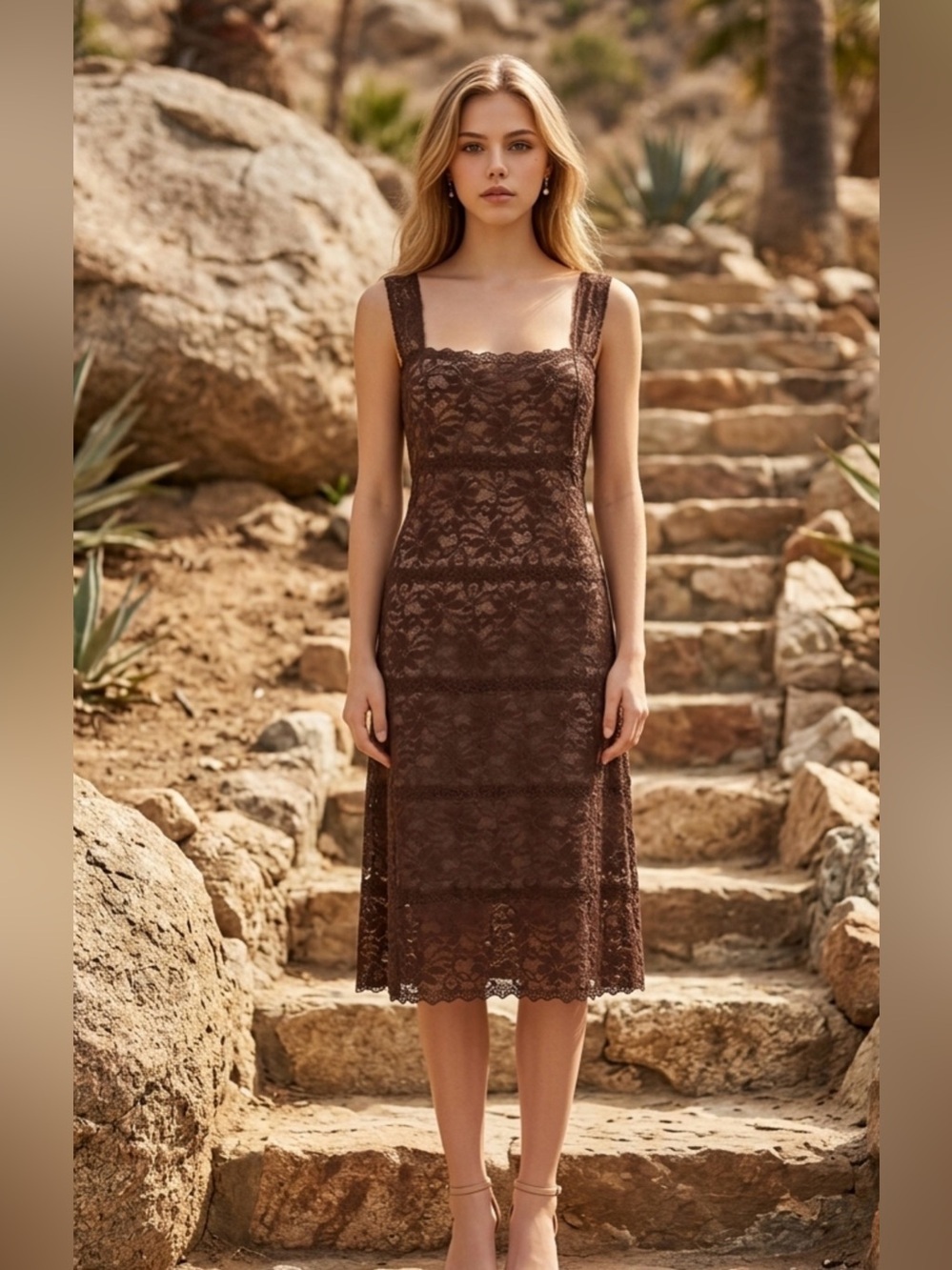 Brown Lace Midi Dress with Square Neckline